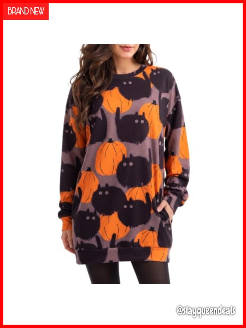 Women's Funny Halloween Sweatshirt Dress Tunic Pumpkin Cat Print